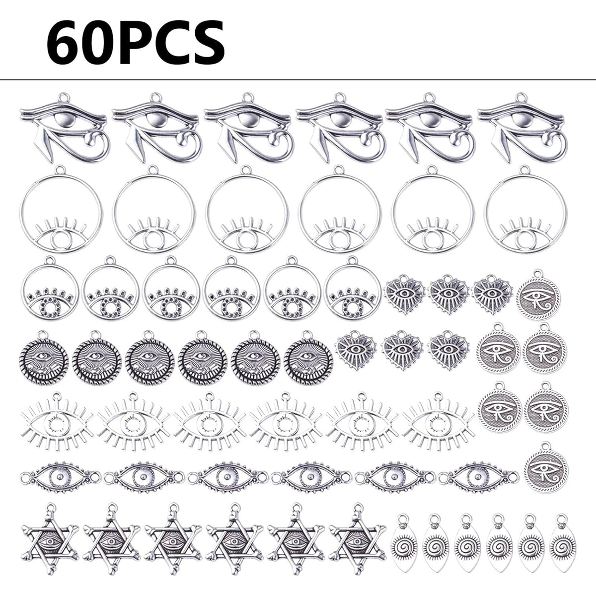 60pcs Antique Silver Eye of Horus Charms Tibetan Alloy Vintage Dangle Pendants Jewelry Making Accessories for DIY Earrings Necklace Bracelet Crafts Supplies, 10 Styles