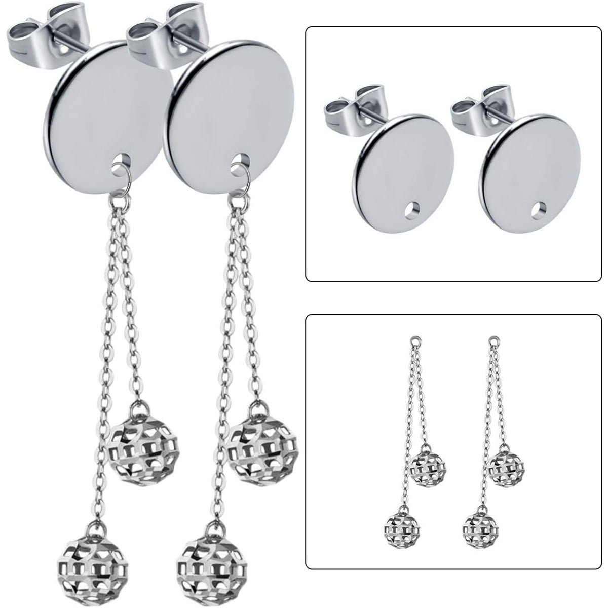 12mm Stud Earring Findings, 20pcs Stainless Steel Round Earring Studs Blank Earring Post with Loop and 20pcs Butterfly Earring Backs for Earring Making