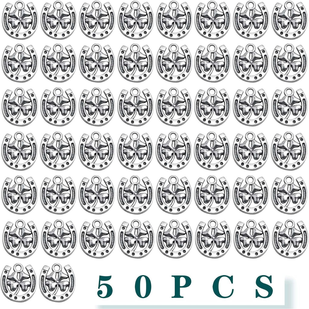 50pcs Antique Silver Horseshoe Charms Alloy Four Leaf Clover Pendants U Shaped Lucky Clover Horseshoe Charms for DIY Bracelet Necklace Jewelry Making Crafting, Hole: 2.7 mm