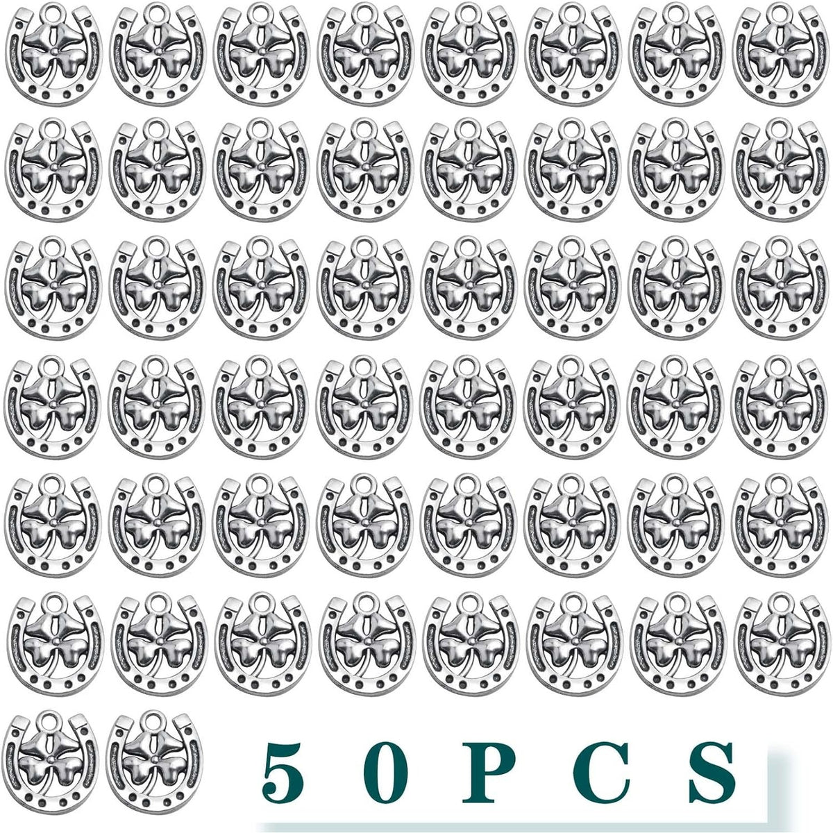50pcs Antique Silver Horseshoe Charms Alloy Four Leaf Clover Pendants U Shaped Lucky Clover Horseshoe Charms for DIY Bracelet Necklace Jewelry Making Crafting, Hole: 2.7 mm