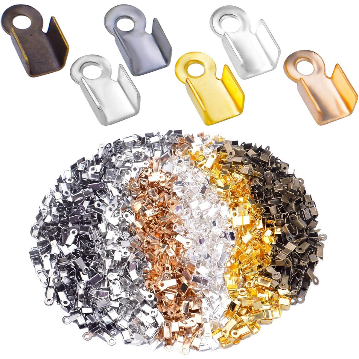 1200pcs 6 Colors Metal Fold Over Crimp Cord Ends Crimp End Caps Terminators Clamp End Tips Leather Ribbon Ending Clasp Tips for Jewelry Making Finding