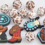 15Pcs Western Cowboy Silicone Beads Cute Hat Boot Cowgirl Animal Round Cow Printed Rubber Spacer Beads Bulk for Necklaces Bracelets Keychain DIY Jewelry Making Crafts