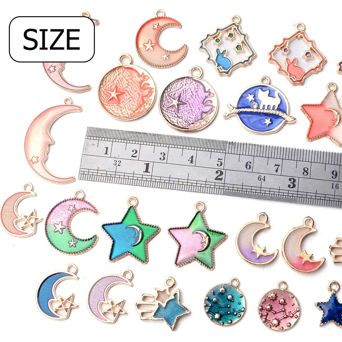 60pcs Mixed Enamel Heart Moon Star Charms Celestial Charm Jewelry Charms Pendants DIY for Earrings Necklace Bracelet Jewelry Making and Crafting, 3 Colors