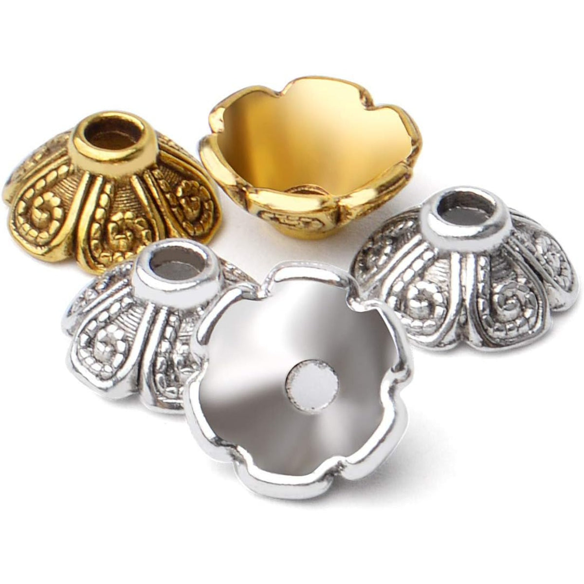100pcs 9mm Tibetan Style Alloy Flower Caps Spacer Bead Caps Flower Beads End Caps Spacer Caps with A Box for DIY Jewelry Crafts Making(Antique Silver and Antique Gold)