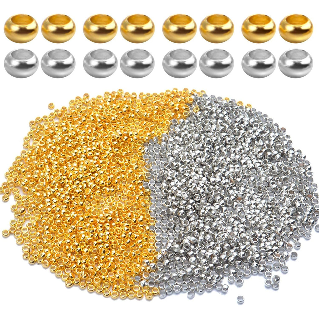 2000pcs Crimp Beads Positioning Beads Mini Spacer Beads for Jewelry Bracelet Making,Silver & Gold 2x2x1mm Hole1.2mm