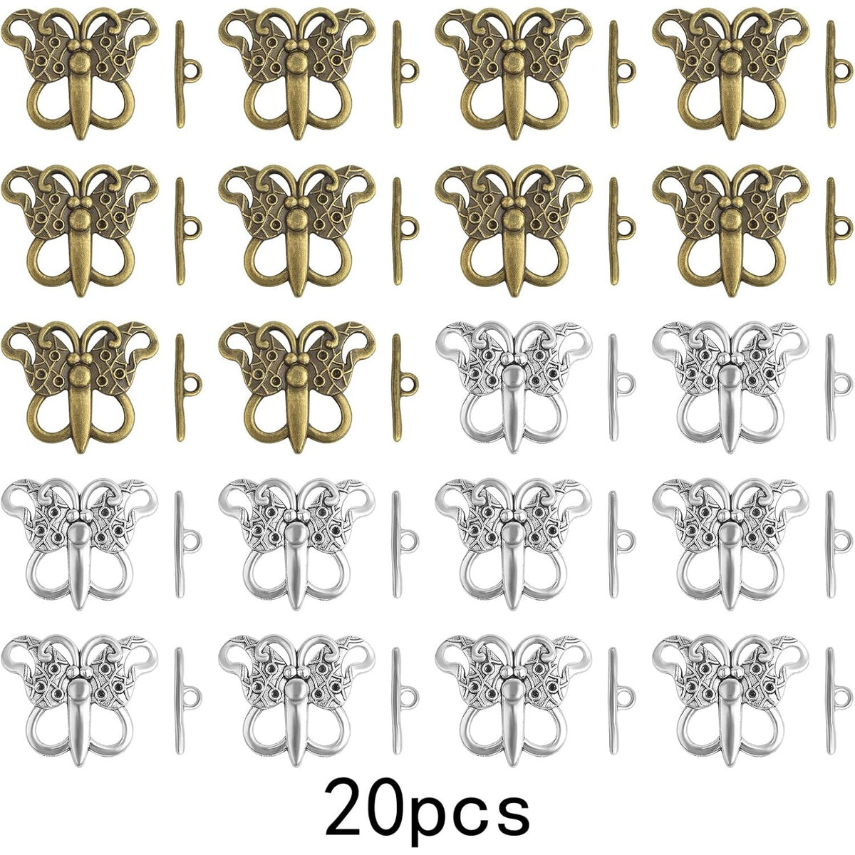 20 Sets Butterfly Bracelet Toggle Clasps T-Bar End Tibetan Closure Filled Fastener Hook Toggle Connectors for DIY Necklace Jewelry Craft Making, 2 Colors