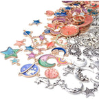 120pcs Celestial Charms Pendants, Mixed Antique Silver Sun Stars Moon Charm Pendant,Enamel Moon Star Cat Charms Pendants for DIY Earrings Necklace Jewelry Making Crafts