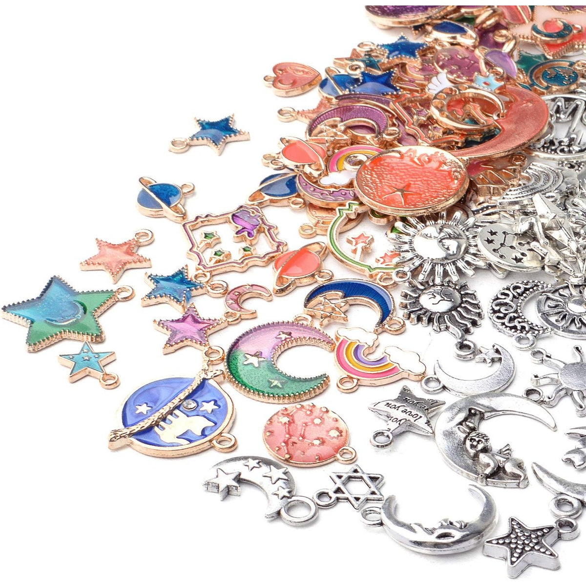 120pcs Celestial Charms Pendants, Mixed Antique Silver Sun Stars Moon Charm Pendant,Enamel Moon Star Cat Charms Pendants for DIY Earrings Necklace Jewelry Making Crafts