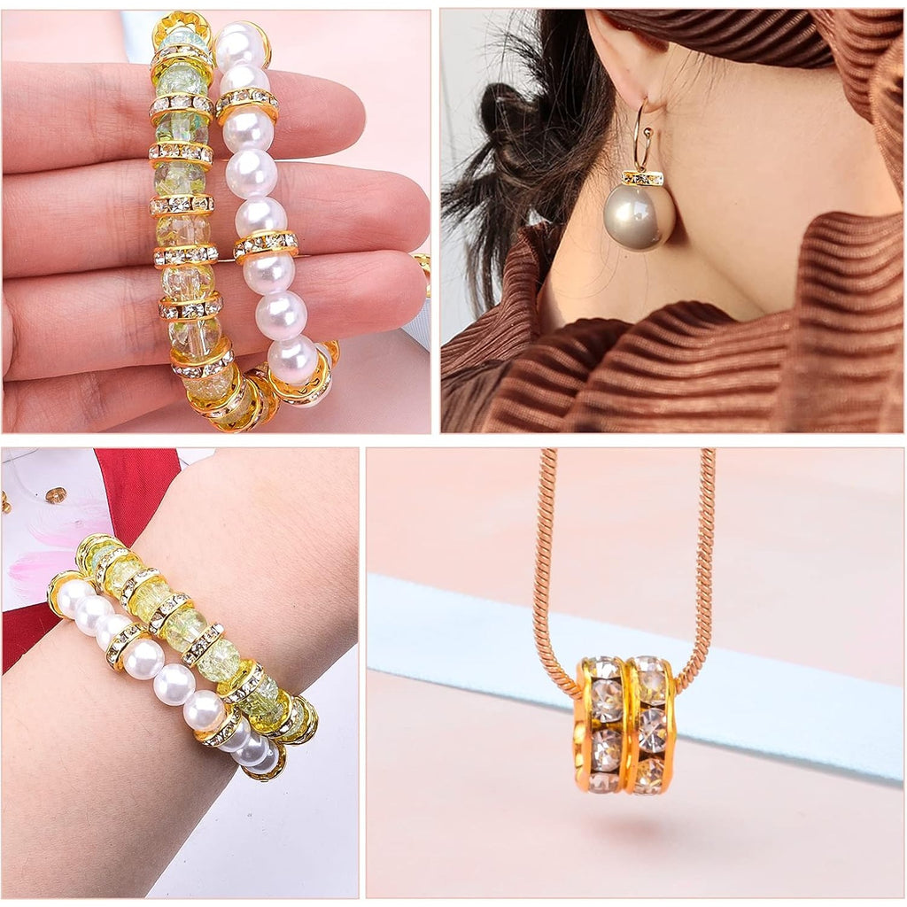 100pcs 10 mm Rhinestone European Beads Crystal Rondelle Spacer Beads Brass Large Hole Loose Charm Beads for DIY Snake Chain Bracelets Necklaces Jewelry Making Accessories, Golden, Hole: 4.6 mm