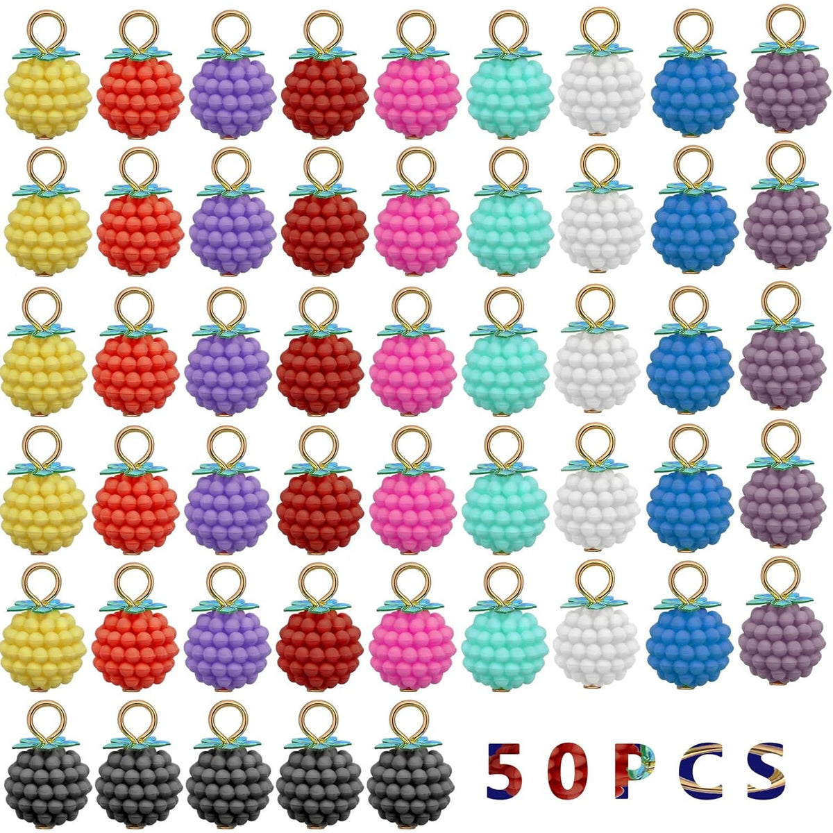 50pcs Resin Bayberry Ball Charms 3D Fruit Bayberry Strawberry Circle Pendants Hanging Ornaments for DIY Earring Necklace Jewelry Making Christmas Decor, 10 Colors