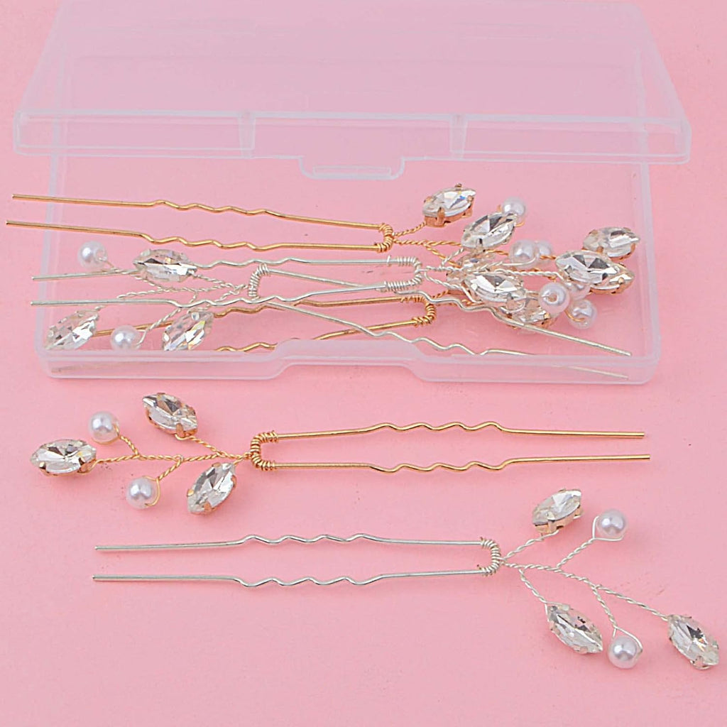6pcs Pearl Rhinestone Hairpins Clips U-shaped Pearl Embellished Bobby Pins Headpiece Bridal Hair Accessories with a Plastic Box for Women Bride Bridesmaid Wedding Birthday, 2 Colors