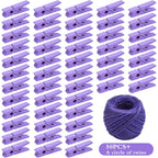 50pcs Purple Mini Wooden Pegs Pins Hardwood Photo Clips Clothespins Non Slip Laundry Pegs with 1 Roll Natural 50 M Jute Twine for Paper Photo Hanging Arts Crafts Decor