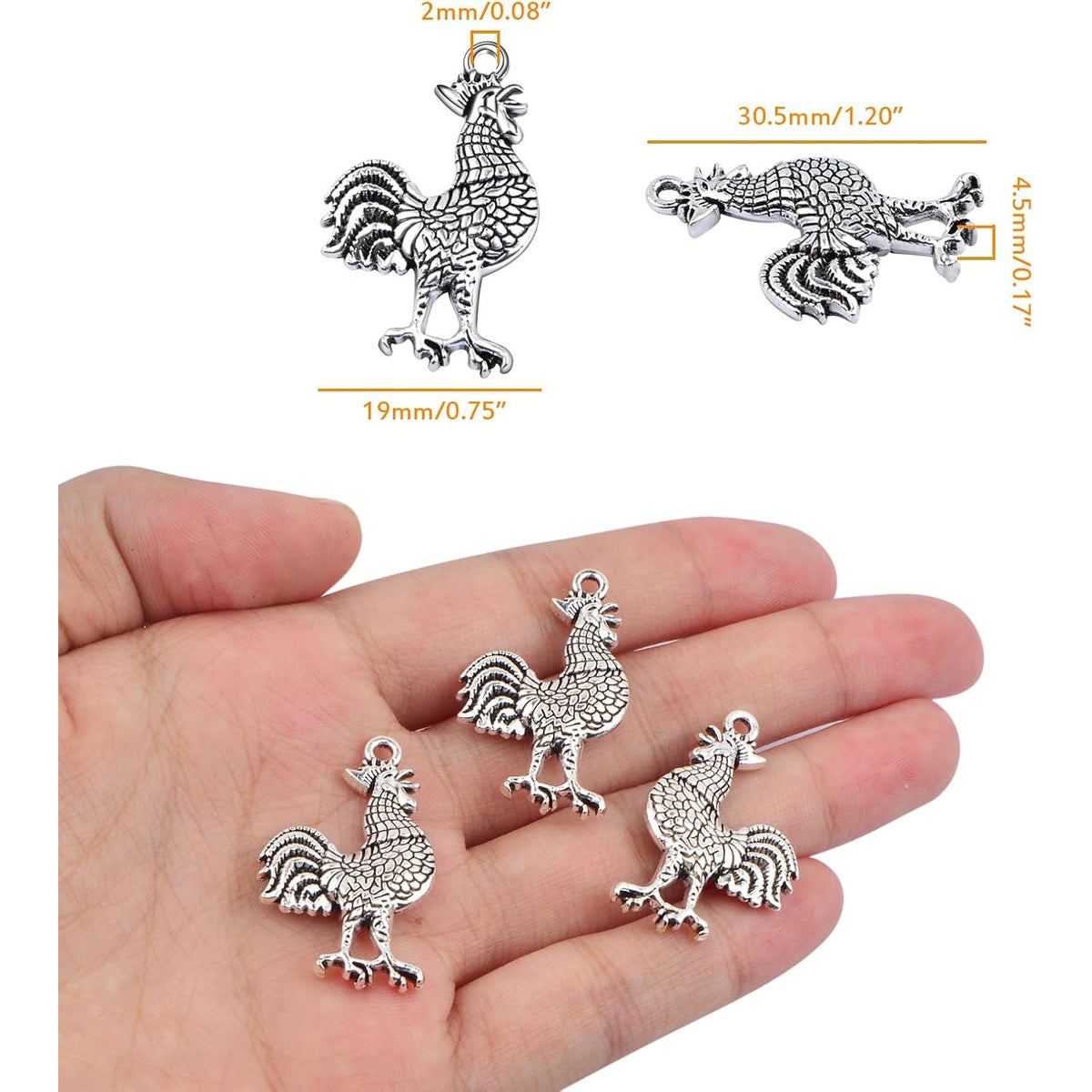 50pcs Antique Silver Rooster Cock Chicken Charms Vintage Alloy Chicken Farm Animal Rooster Shape Dangle Pendants for DIY Bracelets Necklaces Jewelry Making Findings