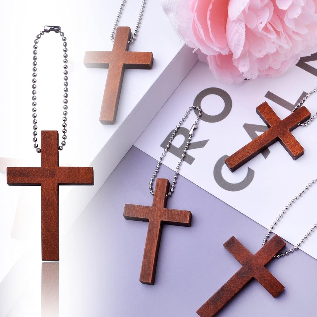 50pcs Brown Wood Cross Charms Wooden Religious Cross Pendants with 50pcs Silver Metal Ball Bead Chains for DIY Necklace Bracelet Crafts Jewelry Making Accessories