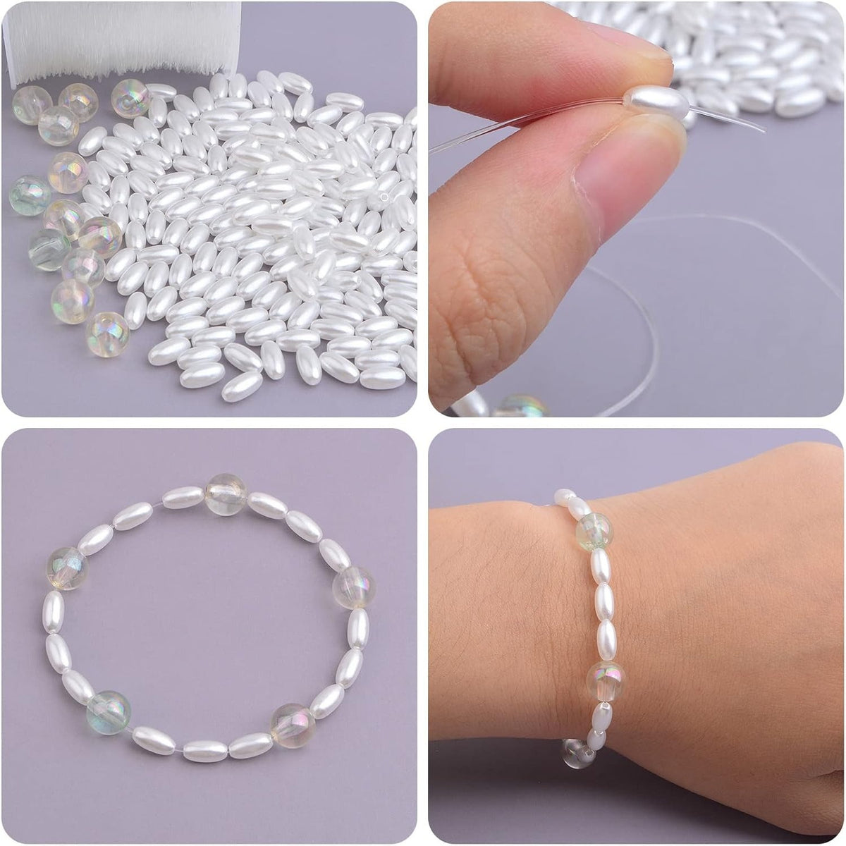 1000pcs White Long Pearl Beads Smooth Ball Imitation Pearl Beads Plastic Oval Rice Shape Spacer Beads with a Plastic Box for DIY Bracelets Jewelry Making Craft Decoration