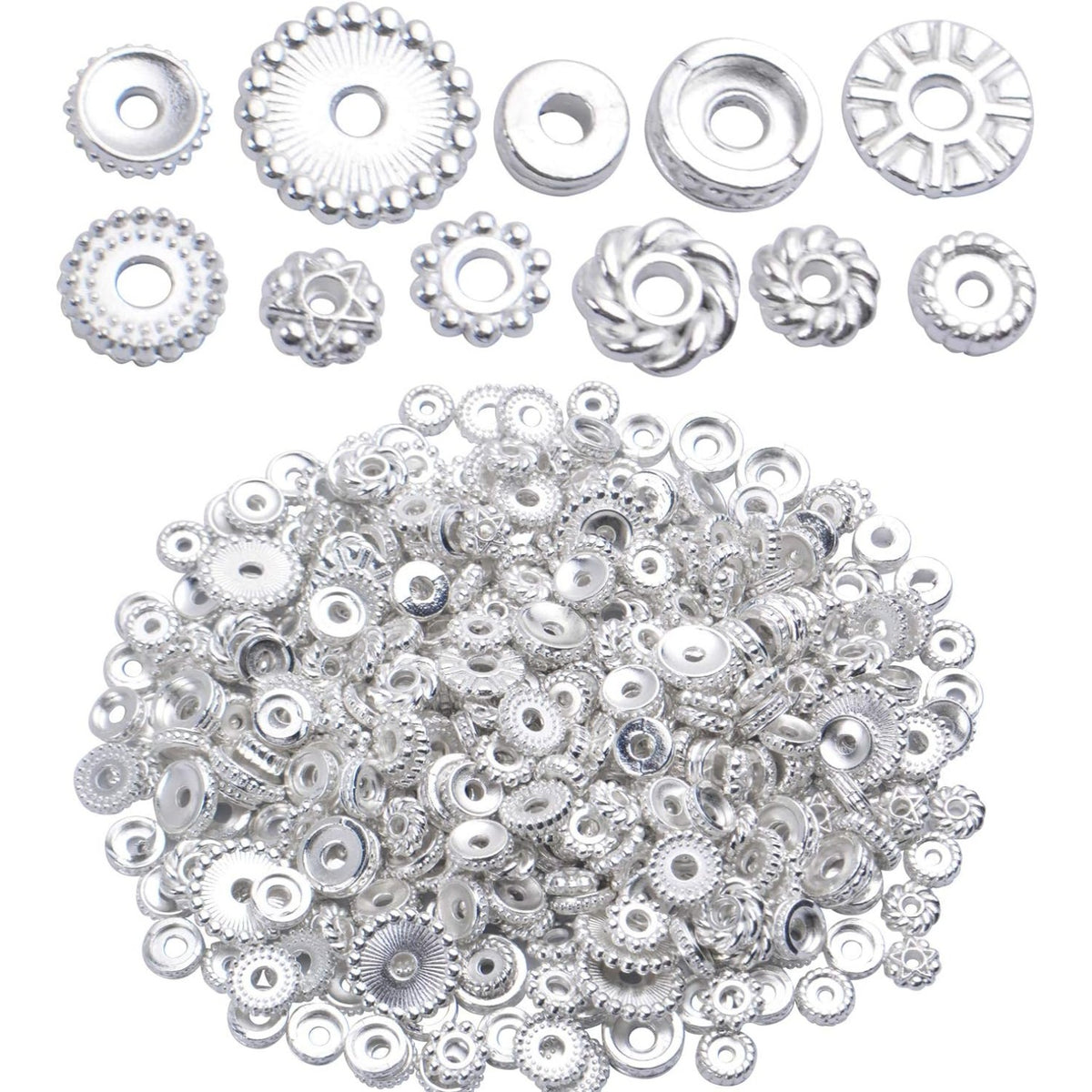 100 Gram(About 170-300pcs) Spacer Beads Jewelry Bead Charm Spacers Alloy Spacer Beads for Jewelry Making DIY Bracelets Necklace and Crafting,Silver