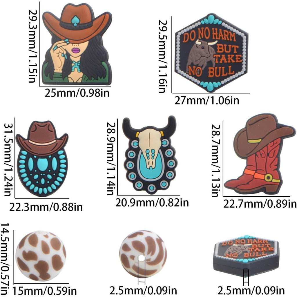 15Pcs Western Cowboy Silicone Beads Cute Hat Boot Cowgirl Animal Round Cow Printed Rubber Spacer Beads Bulk for Necklaces Bracelets Keychain DIY Jewelry Making Crafts