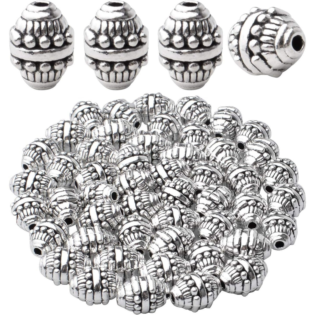 50pcs Alloy Antique Silver Bicone Spacer Beads Tibetan Beads Loose Spacer Bead Jewelry Spacer Charms with A Box for Earring Bracelet DIY Jewelry Crafts Making
