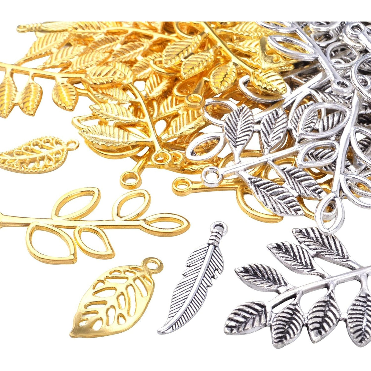100pcs 5 Styles Tree Leaf Charms Tibetan Alloy Leaves Branch Pendants Vintage Dangle Charms for DIY Earring Necklace Keychains Jewelry Making Accessory, Gold and Antique Silver
