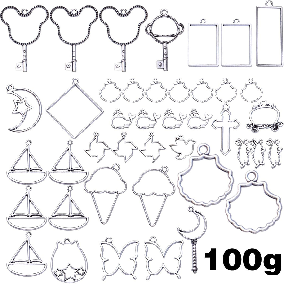 100g Antique Silver Bezel Charms Pendants Alloy Open Back Bezel Blanks Hollow Pressed Flower Frame Pendant Resin Molds for DIY Jewelry Crafts Making Necklace Earrings, Mixed Styles