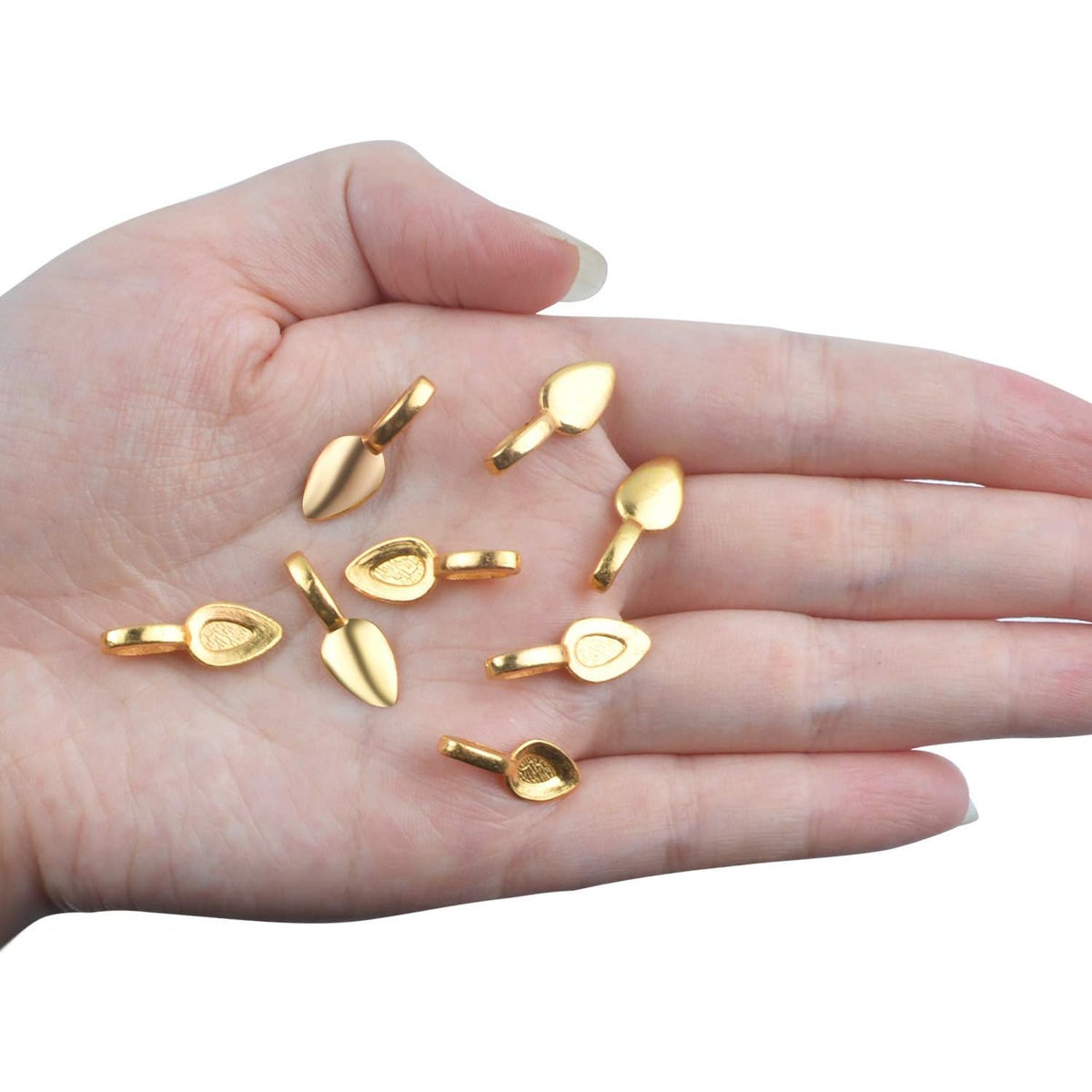 60Pcs Gold Oval Spoon Scrabble Leaf Glue On Flat Rocks Earring Pad Pendant Bails Cabochon Setting for Fitting Glass Cabochon Tiles Necklaces Pendants DIY Jewelry Making with 1Pcs Box