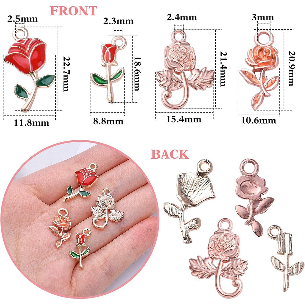 30pcs Enamel Rose Flower Charm Pendants Lovely Dangle Charms for Valentine's Day DIY Bracelet Necklace Earrings Jewelry Making, Red
