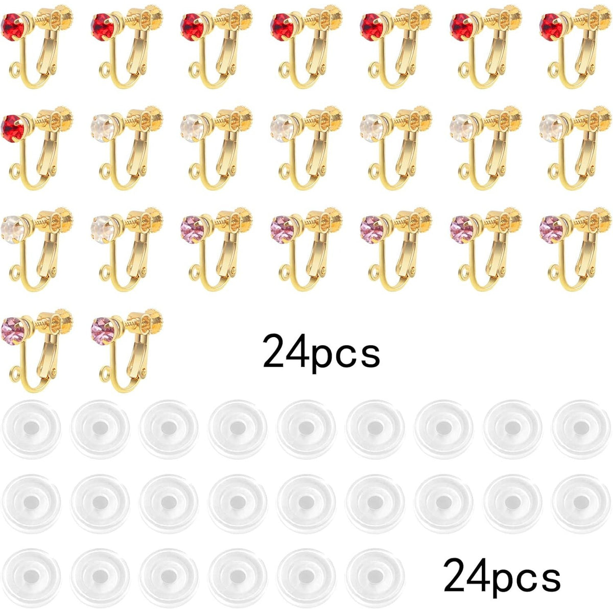 24pcs Brass Clip-on Earring Converters with Rhinestone Screw Back Earring Clips Components with Loop and 24pcs Comfort Earring Pads for Non Pierced Ears Jewelry Making, 3 Colors