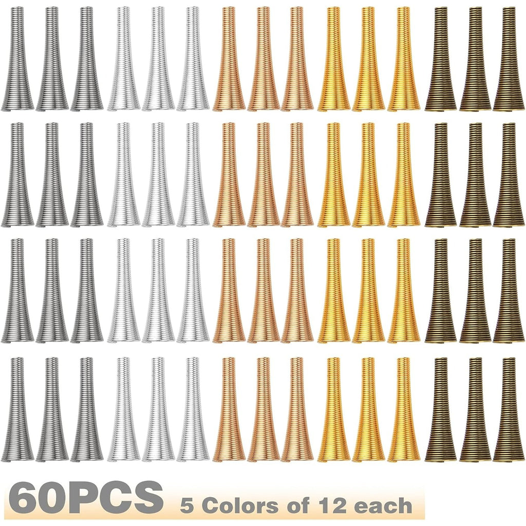 60pcs 30 mm Long Spring Cone Bead Caps Alloy Trumpet Shape Wrap Coil Spring Beads Stoppers for DIY Earrings Tassel Crafts Jewelry Making Supplies Accessories, 5 Colors