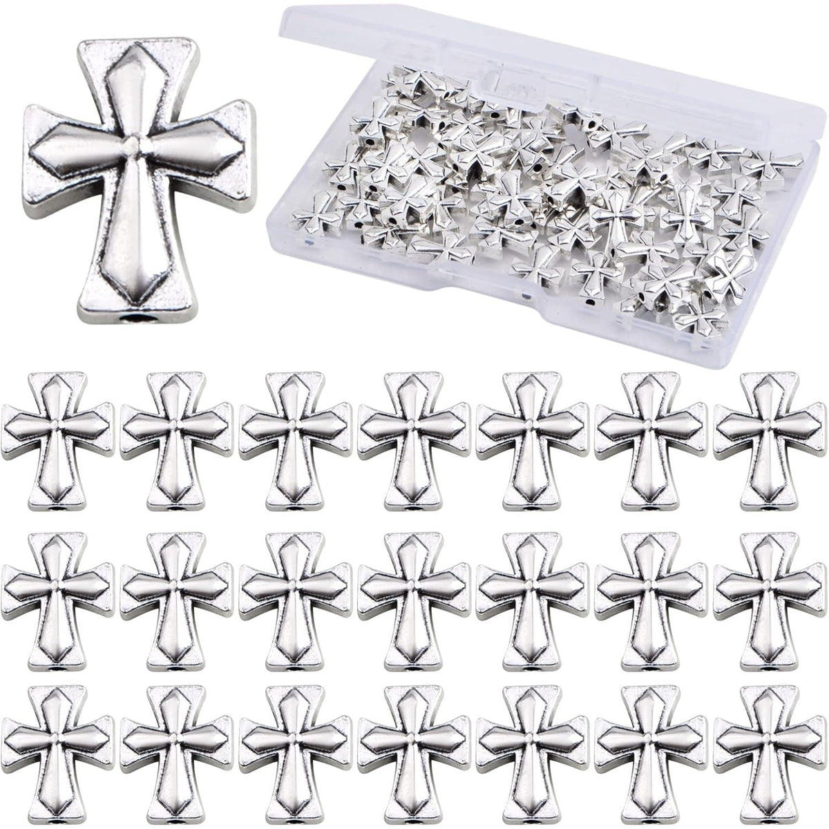 50pcs Antique Silver Cross Spacer Beads Tibetan Alloy Cross Crucifix Charm Beads with A Box Craft Supplies for DIY Jewelry Bracelet Jewelry Making, 13 mm × 11 mm