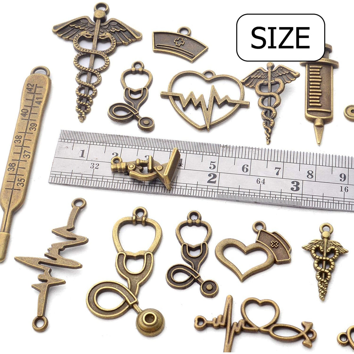 100g Craft Supplies Antique Bronze Medical Nurse Charms Alloy Stethoscope Syringe Nurse Cap Hat Charms Jewelry Medical Charm Pendants for DIY Necklace Bracelet Jewelry Accessory