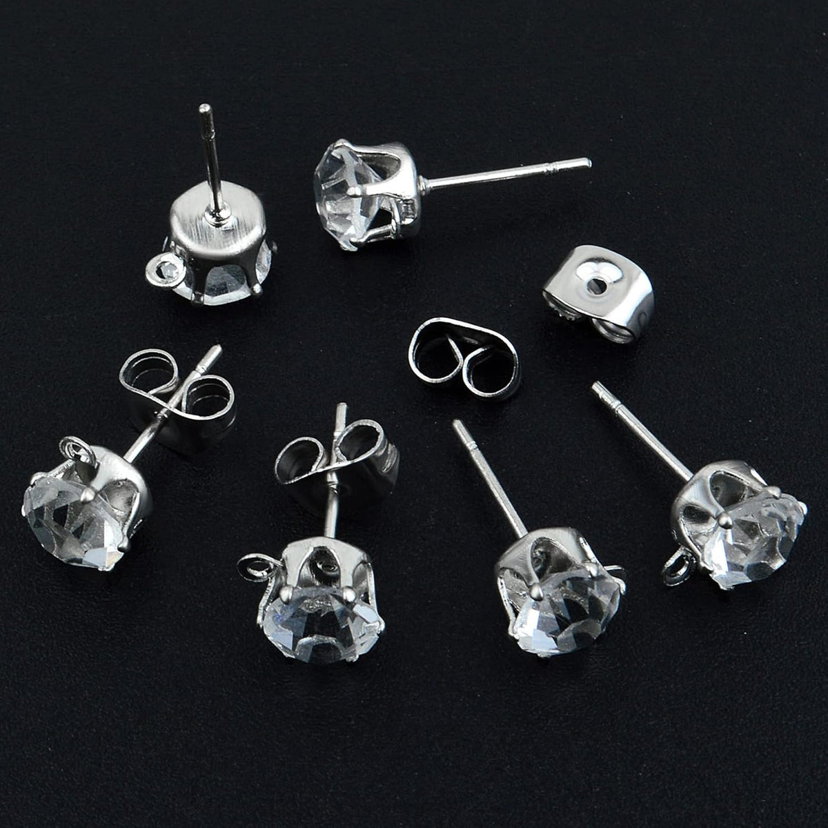 60pcs Zirconia Earring Posts with Loop Hypoallergenic Rhinestone Earring Studs and 60pcs Earring Backs Stoppers for DIY Jewelry Making Wedding Favor Gifts