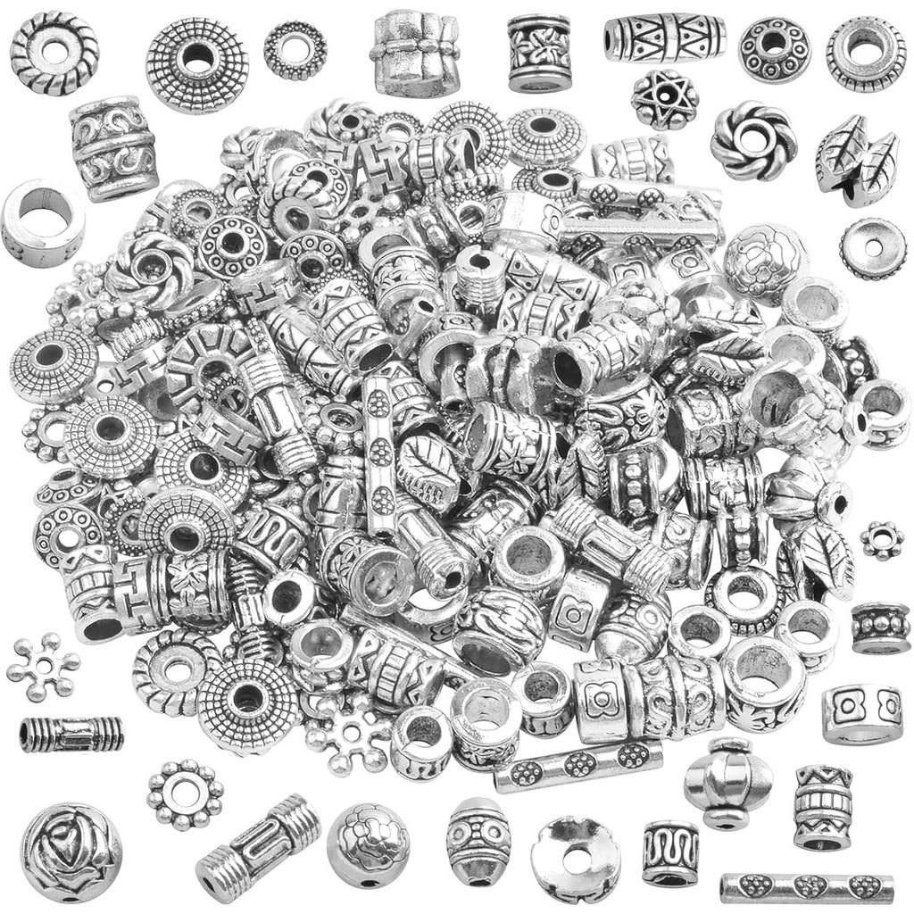 100 Gram Tibetan Antique Silver Spacer Beads Random Mixed Styles Alloy Flower Round Cone Column Loose Spacer Beads Accessories for DIY Crafts Jewelry Making Supplies