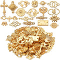 100g Gold Plated Jewelry Charms Connectors, Flower Leaf Heart Round Ruler Charm Pendant Connectors Bracelet Charm Connector for DIY Jewelry Making Accessory