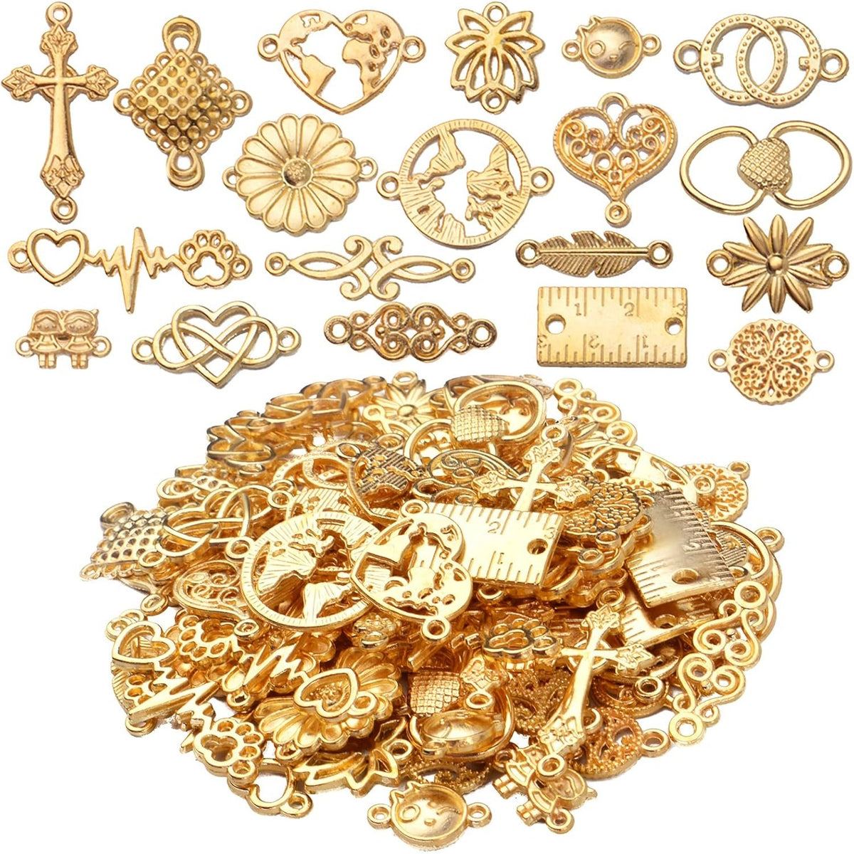 100g Gold Plated Jewelry Charms Connectors, Flower Leaf Heart Round Ruler Charm Pendant Connectors Bracelet Charm Connector for DIY Jewelry Making Accessory