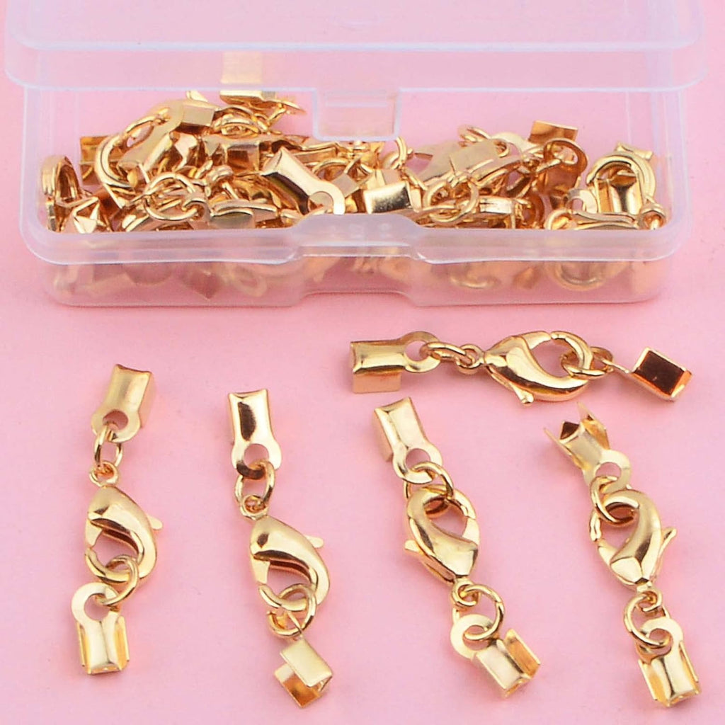20pcs Golden Lobster Claw Clasps with Cord Ends Metal Leather Cord End Caps Fold Over Crimp End Tips Connector with a Plastic Box for DIY Necklace Bracelets Jewelry Making