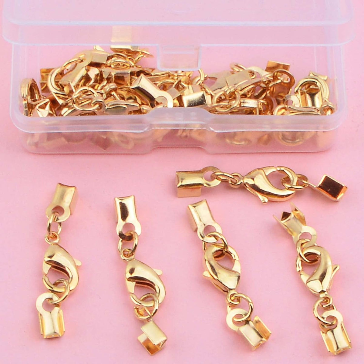 20pcs Golden Lobster Claw Clasps with Cord Ends Metal Leather Cord End Caps Fold Over Crimp End Tips Connector with a Plastic Box for DIY Necklace Bracelets Jewelry Making