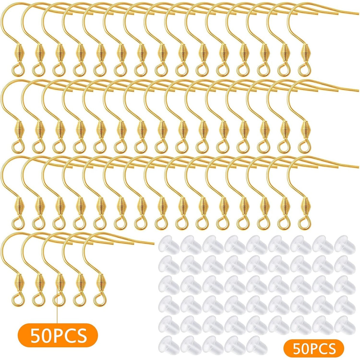 50pcs Stainless Steel French Earring Hooks Hypoallergenic Large Ear Wires Fish Hooks with Loop and 50pcs Clear Silicone Earring Backs for DIY Earrings Jewelry Making Findings