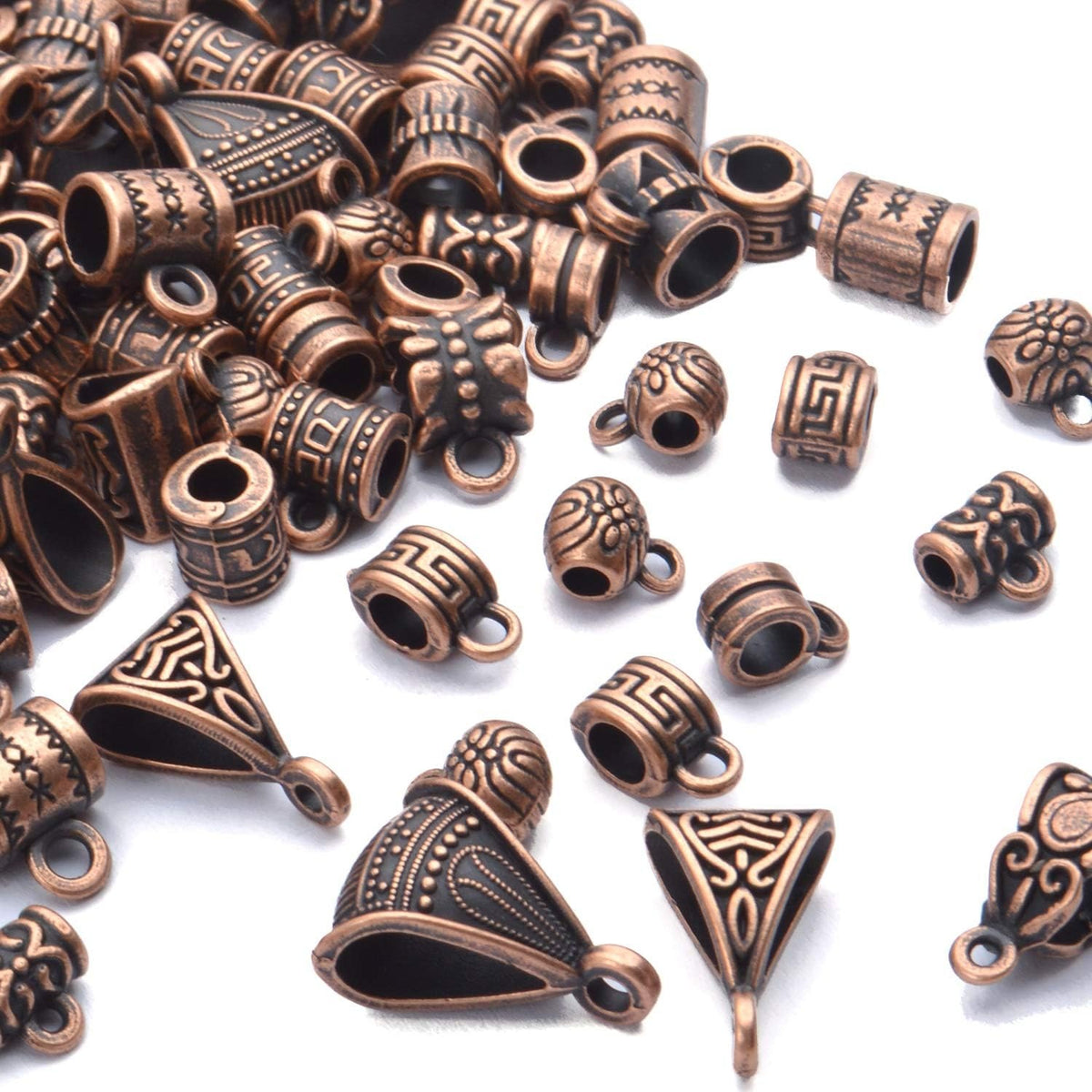 100g (About 120-170pcs) Mixed Antique Copper Bail Beads,Spacer Bead,Bail Tube Beads,Bracelet Charms,Necklace Pendants for Jewelry and Craft Making