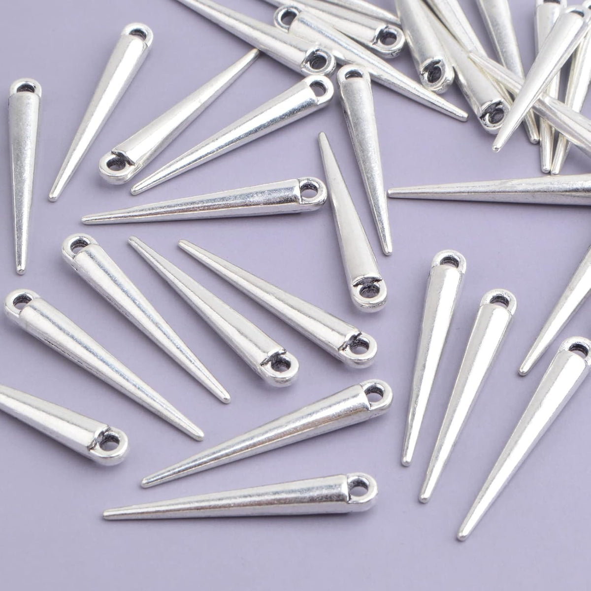 50pcs Antique Silver Spike Bead Pendants Tibetan Alloy Long Bullet Spike Charms Vintage Cone Shape Dangle Pendants for DIY Necklace Earrings Jewelry Making Supplies