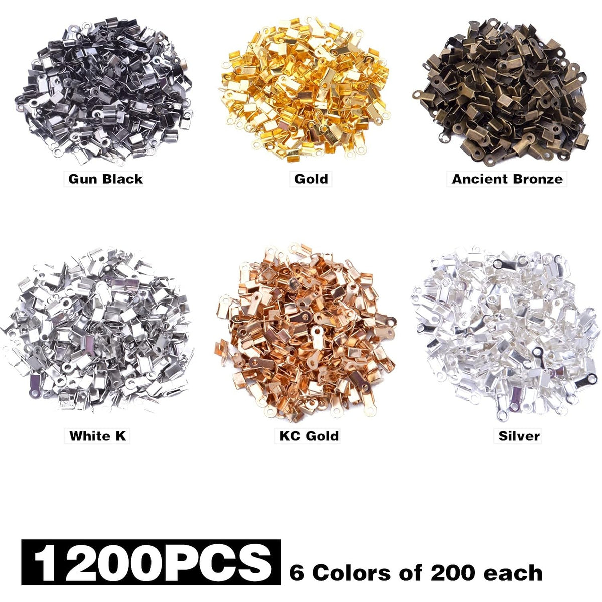 1200pcs 6 Colors Metal Fold Over Crimp Cord Ends Crimp End Caps Terminators Clamp End Tips Leather Ribbon Ending Clasp Tips for Jewelry Making Finding