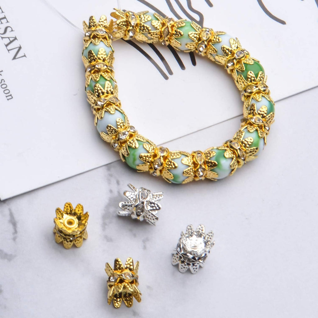 60PCS Double Flower Beads Caps with Rhinestone Petal Brass Bead Spacer Flower Caps Jewelry Making Accessories for Bracelet Necklace Earring