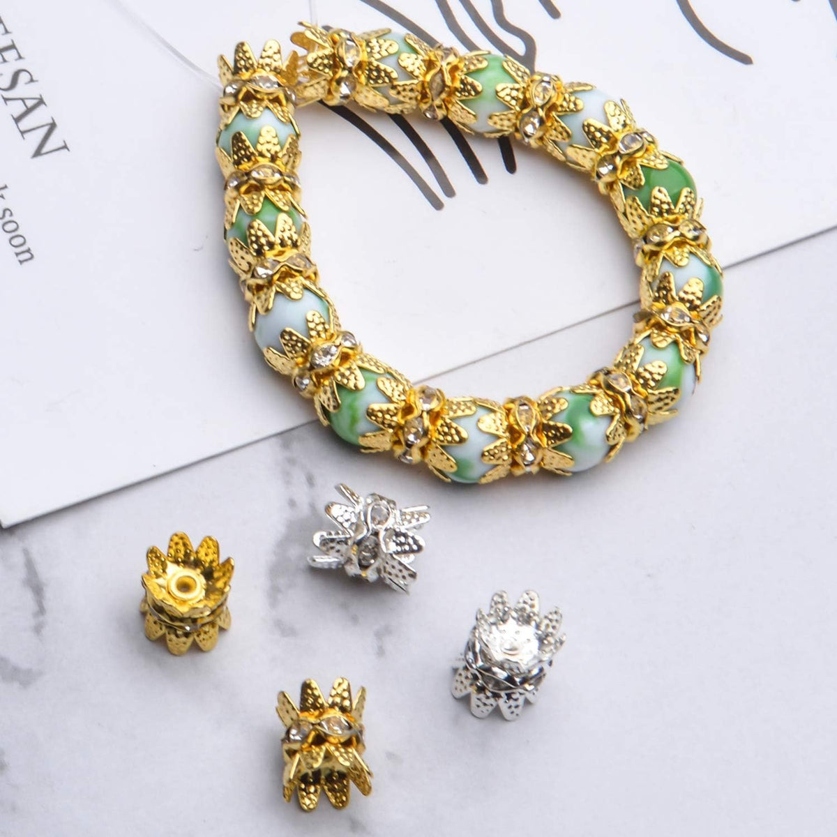 60PCS Double Flower Beads Caps with Rhinestone Petal Brass Bead Spacer Flower Caps Jewelry Making Accessories for Bracelet Necklace Earring