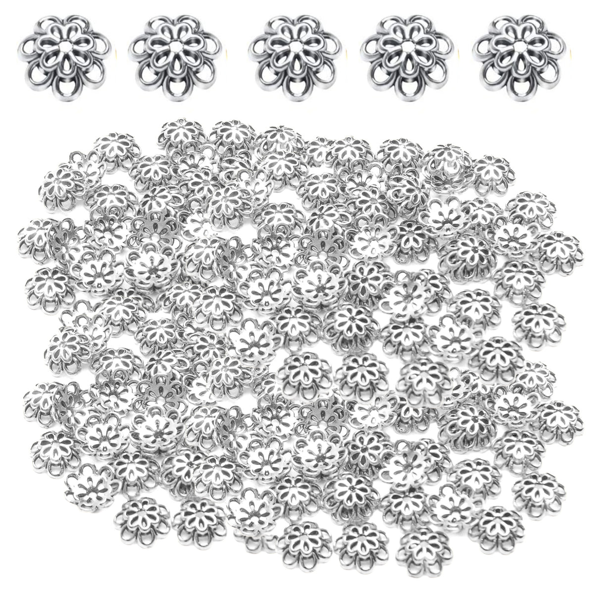 Bead Caps, 100pcs 10 mm Alloy Hollow Double Flower Bead Caps Loose Bead Spacer End Bead Caps for Bracelet Necklace Earring Crafts Making, Antique Golden and Antique Silver
