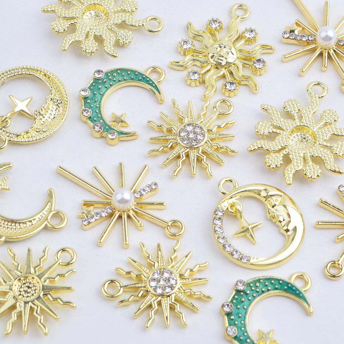 20pcs KC Golden Plated Enamel Crescent Moon Star Charms with Rhinestone Alloy Crystal Celestial Moon Dangle Pendants for DIY Necklaces Earrings Jewelry Making Decor, 5 Styles
