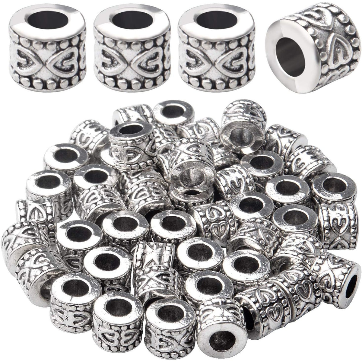 50pcs Antique Silver Large Hole Spacers Beads Tibetan Spacer Alloy Tube Bead Spacers Jewelry Spacer Charms for DIY Jewelry Making Crafts Supplies