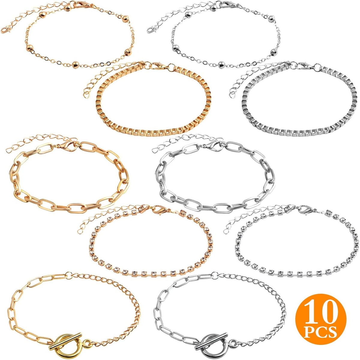 10pcs Adjustable Bracelet Chains with OT Toggle Clasp Lobster Clasps Alloy Bracelet Links with Rhinestone Extender Chains for Women DIY Jewelry Making Craft Supplies, 5 Styles