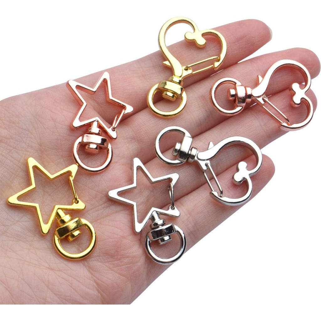 Lobster Claw Clasps, 24pcs Metal Swivel Claw Clasps Star and Heart Shape Snap Hook with Key Rings Swivel Lanyard Clips for Bag Keychain DIY Crafts, Golden, Silver, Rose Golden, 34x24mm