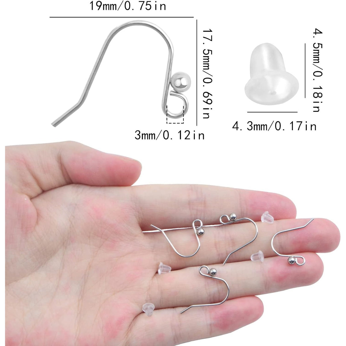 50pcs Stainless Steel French Earring Hooks Hypo-allergenic Ear Wires Ball Fish Hooks with 50pcs Clear Bullet Earring Backs for DIY Dangle Earrings Jewelry Making