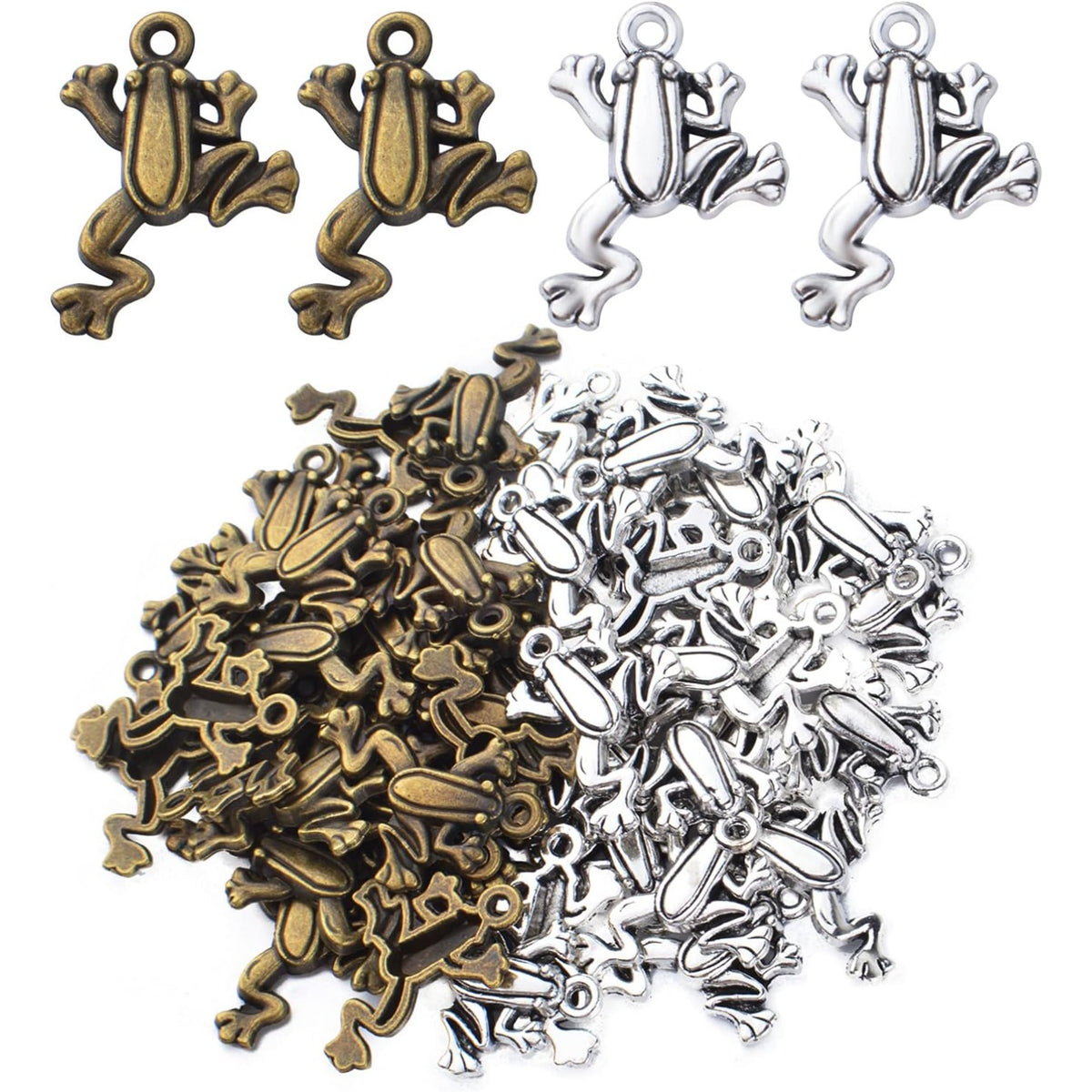 50pcs Frog Pendant Charm Animal Charms Pendants Frog Bead Charms Crafts Supplies for Jewelry DIY Earrings Necklace Bracelet Making Accessory, Antique Silver and Antique Bronze