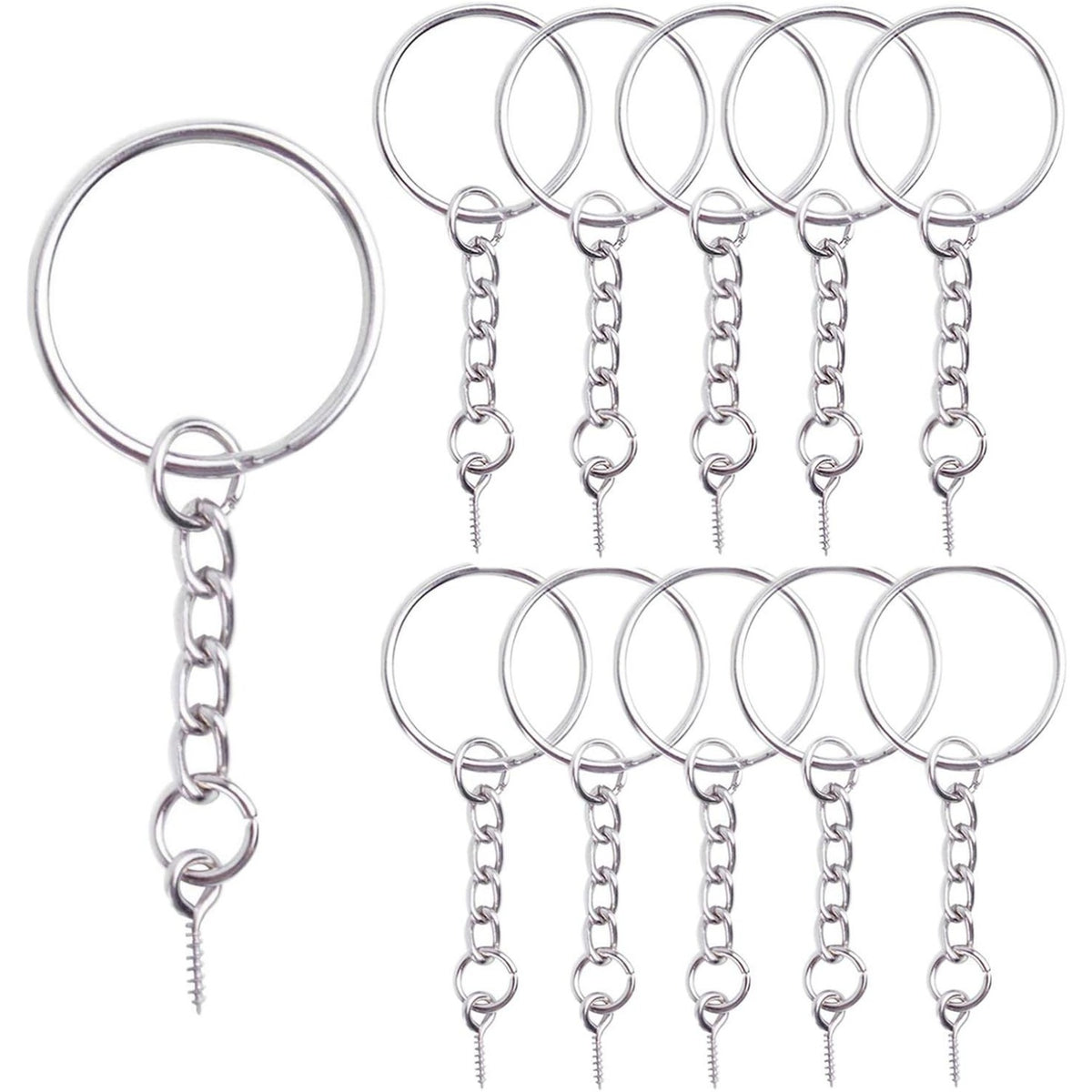 BronaGrand 50pcs 25mm Split Key Ring with Extend Chain and 12mm Screw Eye Pin for Craft Charm Making